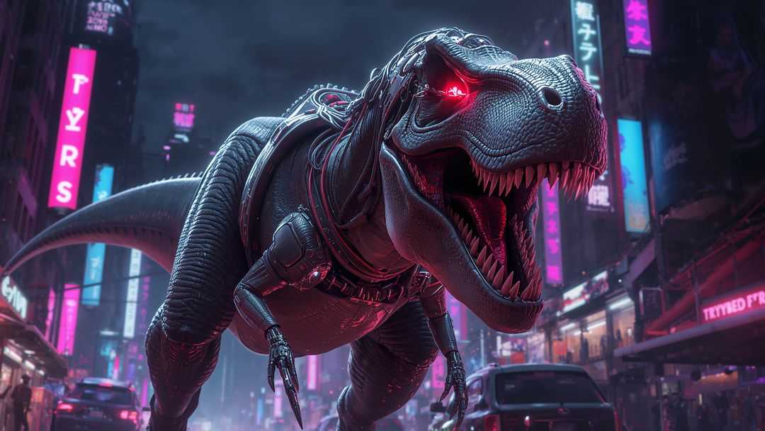 Bionic Tyrannosaurus Rex Roaming Futuristic Neon Street