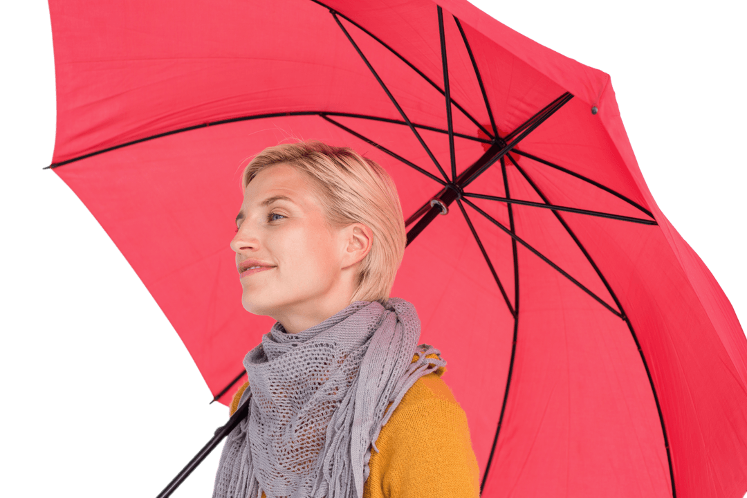 Woman Smiling Under Transparent Red Umbrella in Autumn
