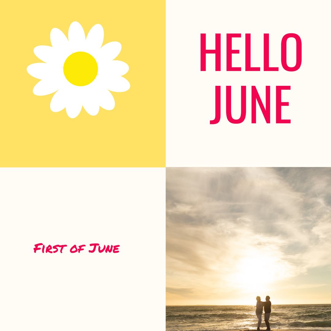 Hello June with Couples Embracing at Seaside during Sunset