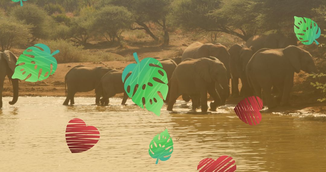 Elephants at waterhole in african wildlife reserve with leaf overlays