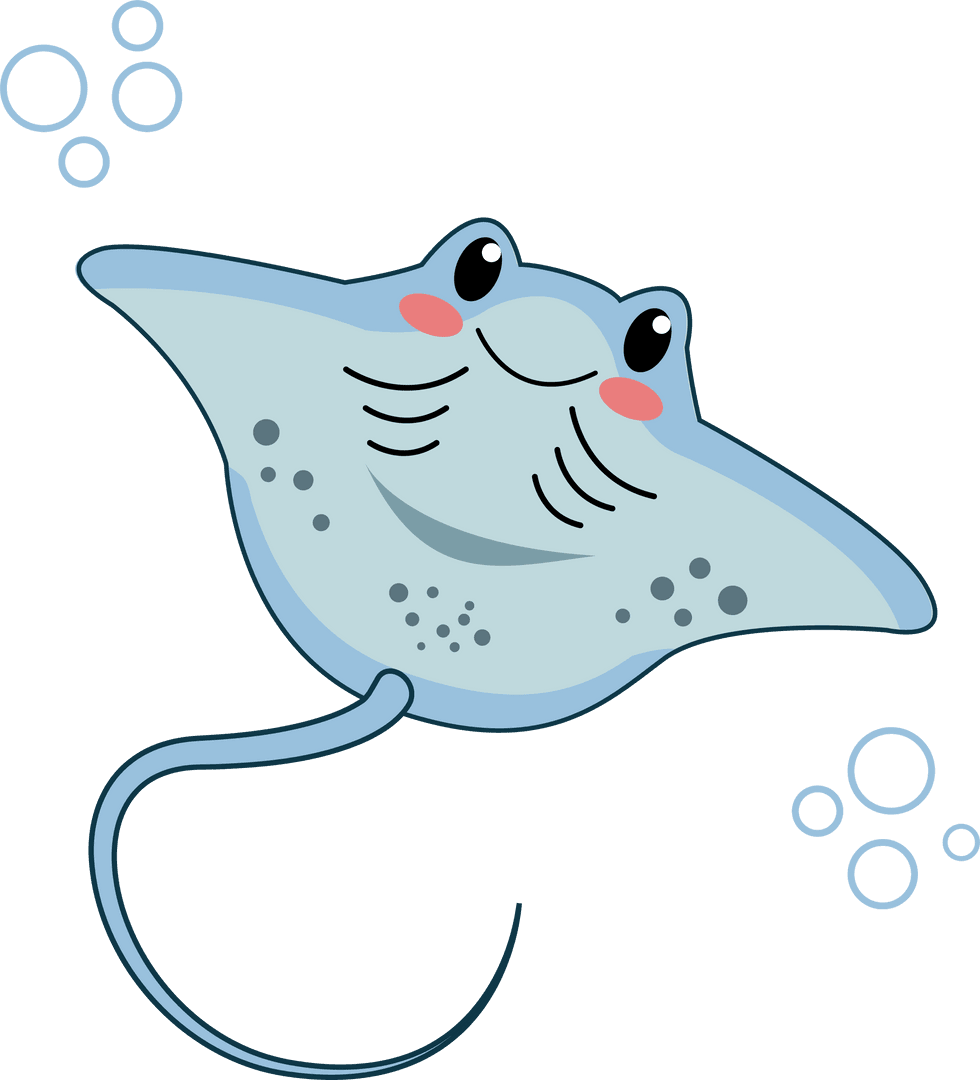 Transparent Cartoon Stingray with Blue Bubbles in Playful Pose