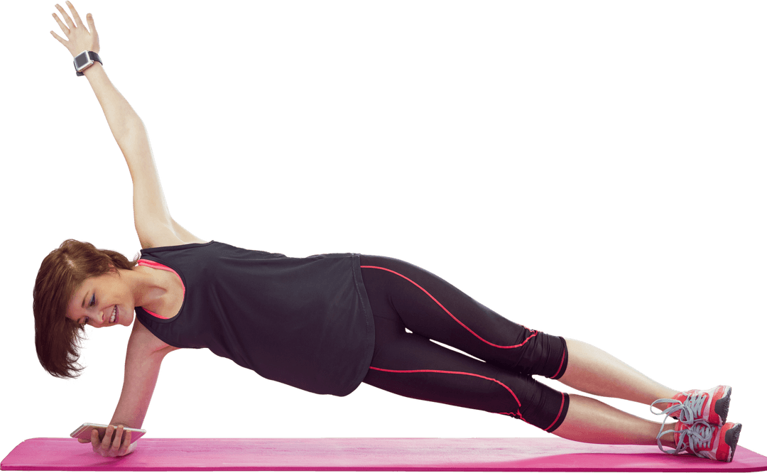 Fit Woman in Transparent Side Plank on Exercise Mat with Fit Watch