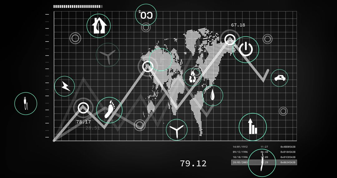 Dashboard Displaying Global Data Insights with Icons and Graphs
