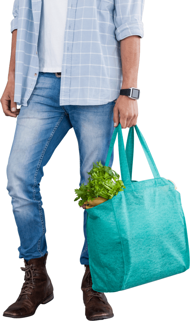 Person Holding Eco-Friendly Bag with Fresh Vegetables on Transparent Background