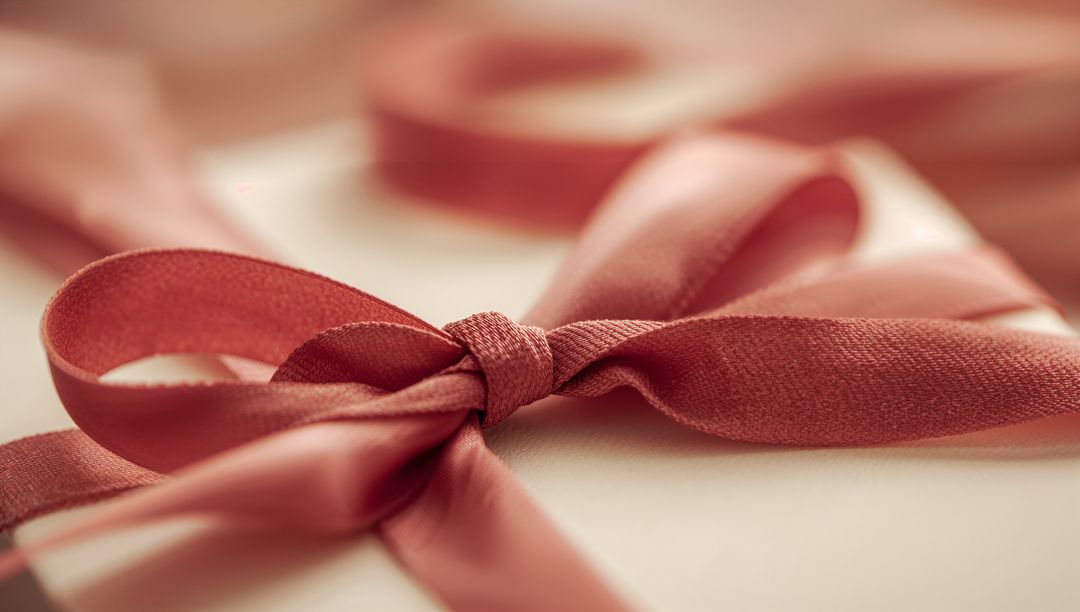 Showcasing tied satin ribbon bow with central knot and soft loops on cream surface