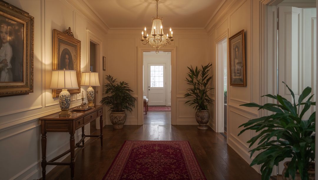 Elegant Traditional Foyer Featuring Crystal Chandelier, Console Table and Red Runner