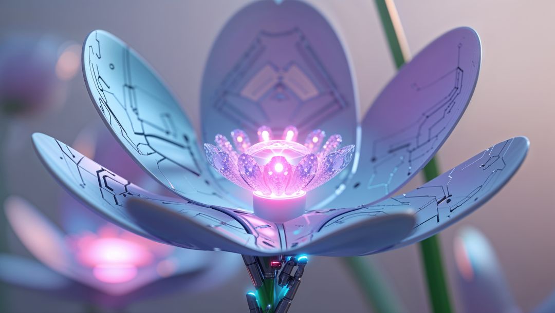 Futuristic Metallic Flower with Circuitry Petals and Glowing Core