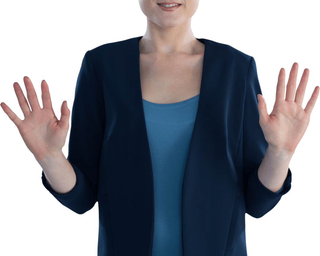 Businesswoman Gesturing with Hands Open on Transparent Background