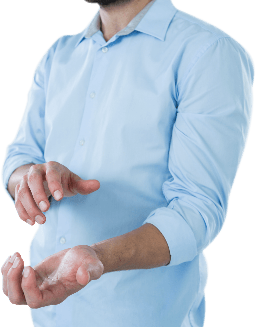 Man in Blue Shirt Holding Invisible Transparent Object on White Background