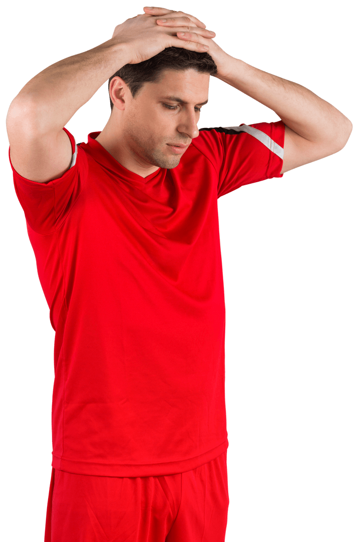 Disappointed Football Player in Red Uniform on Transparent Background