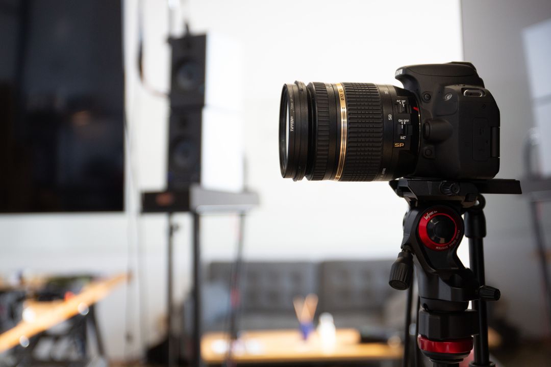 Professional photography technology camera on tripod in studio
