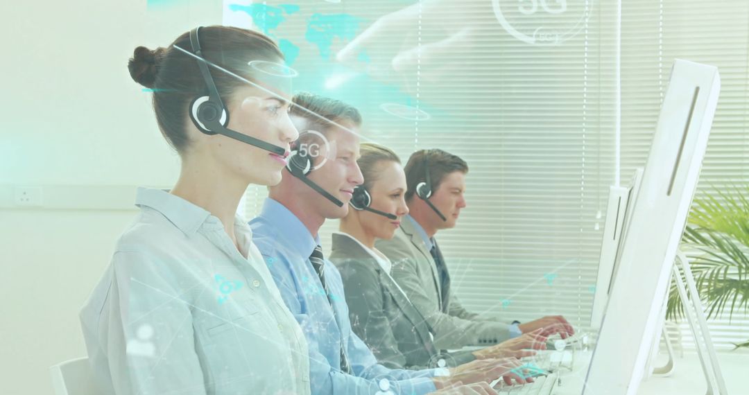 Business Professionals Using High-Tech Communication Headsets
