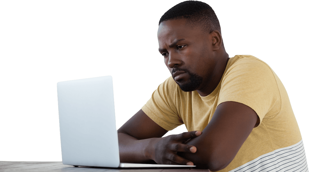 Transparent Background: Man Using Laptop Thoughtfully at Table
