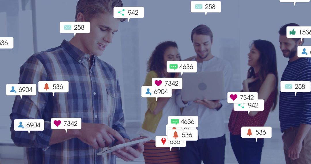 Team Collaborating in Modern Office with Floating Social Media Metrics