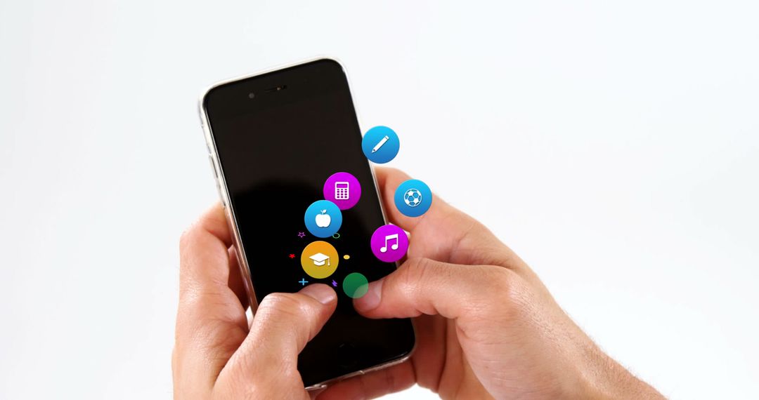 Hands Interacting with Animated Essential Mobile Icons on Smartphone