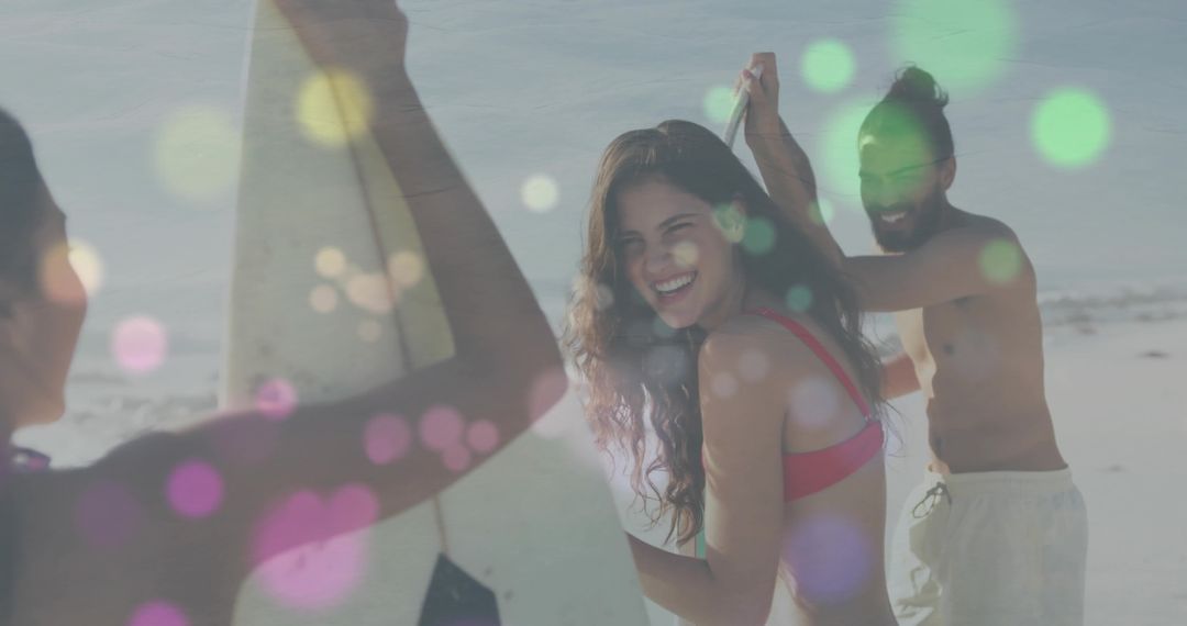 Joyful Group of Friends Surfing and Bonding Enjoying Sunny Beach Day