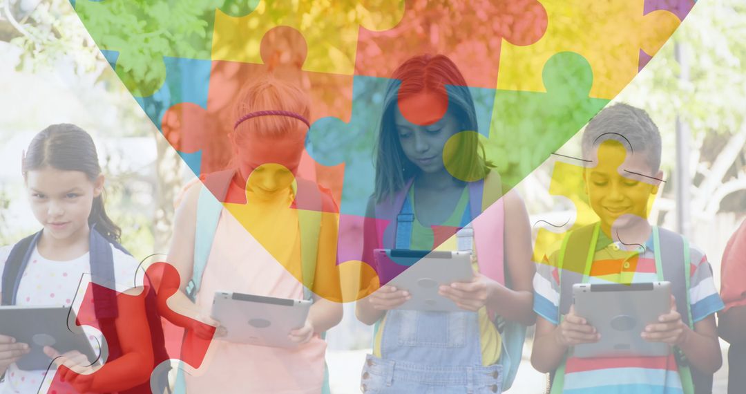 Children Using Tablets with Puzzle Overlay Representing Inclusion and Diversity