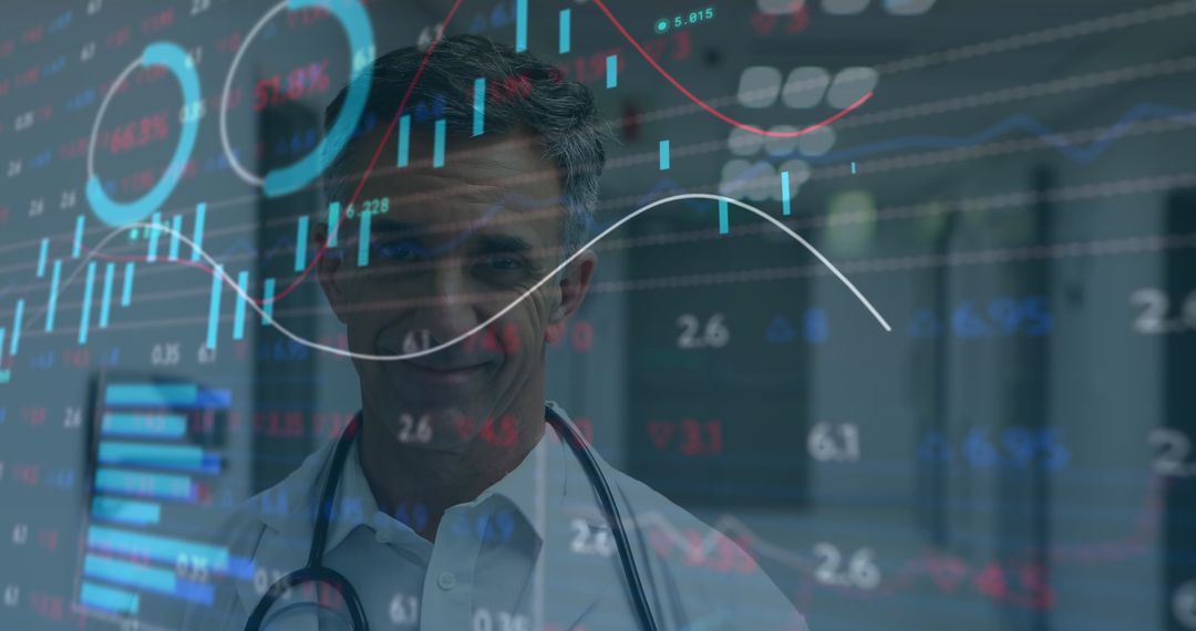 Male Doctor Analyzing Digital Statistics with Futuristic Interface