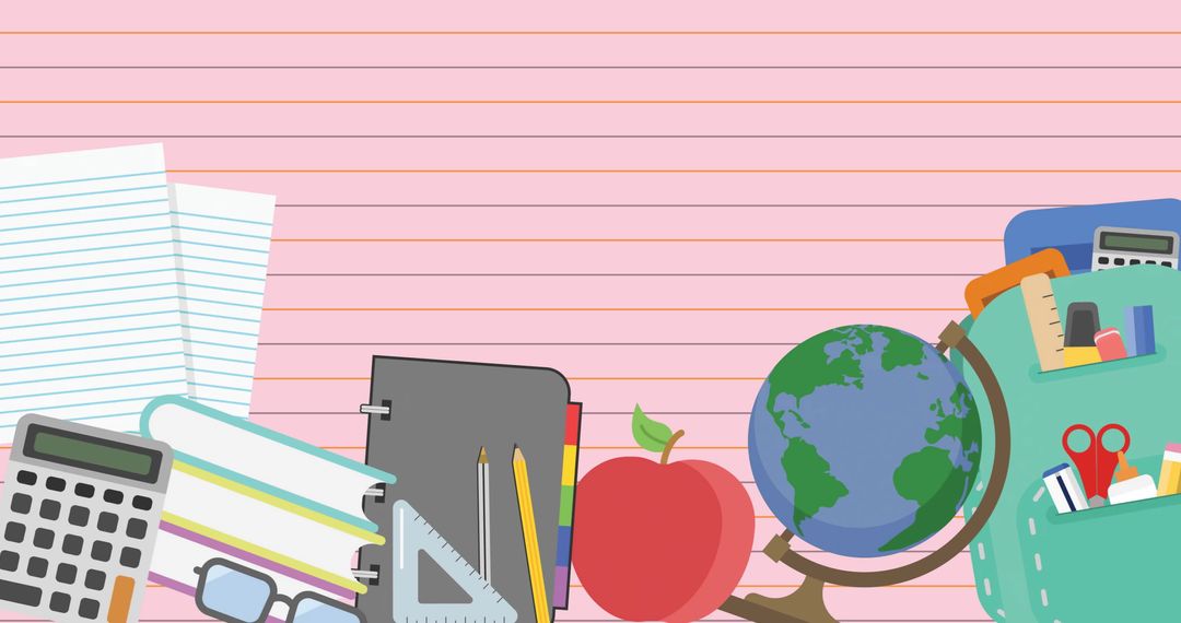 Back to School Concept with Supplies and Pink Lined Background