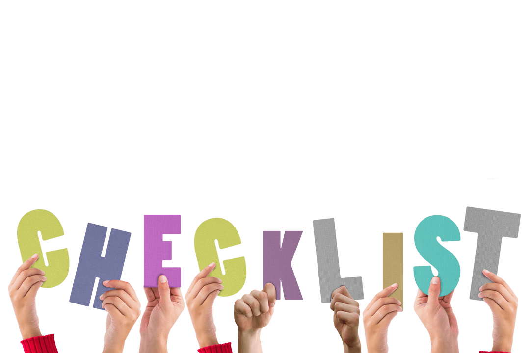 Hands Holding Colorful 'CHECKLIST' Letters on Transparent Background