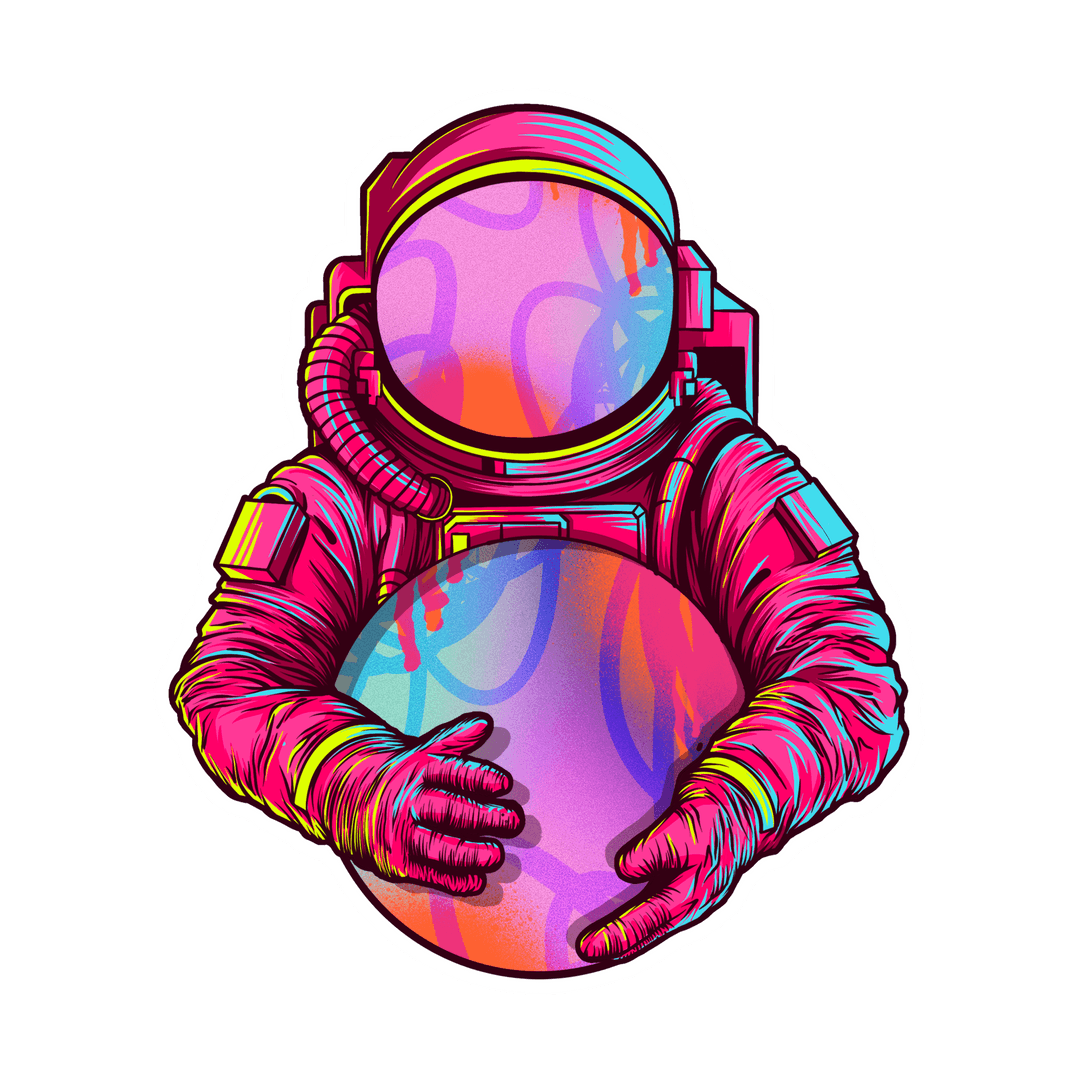 Neon Astronaut Holding Planet Globe Surreal Transparent Design