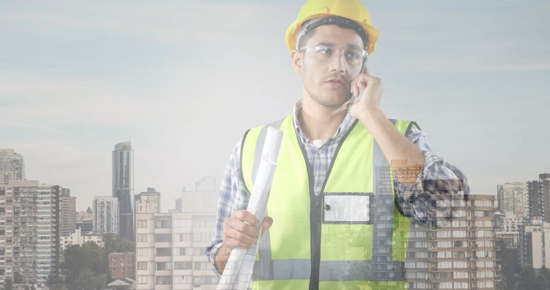 Construction Engineer Overlooking Urban Skyline on Phone