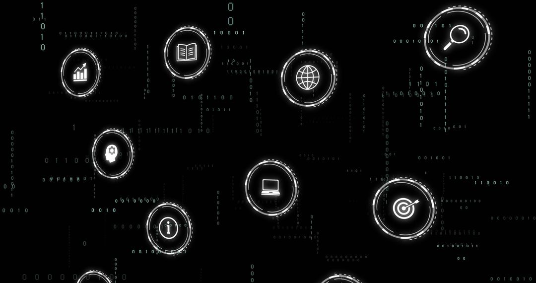 Floating Tech Icons Over Digital Binary Background