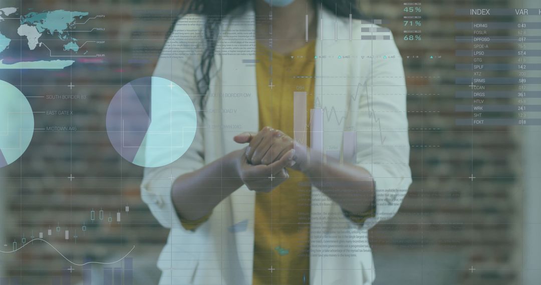 Businesswoman Sanitizing Hands with Digital Financial Data Overlay