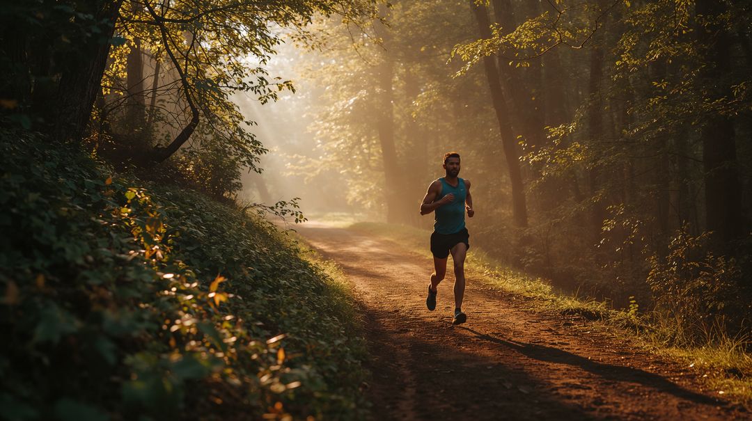 Morning trail running through misty forest with lone male runner in teal top
