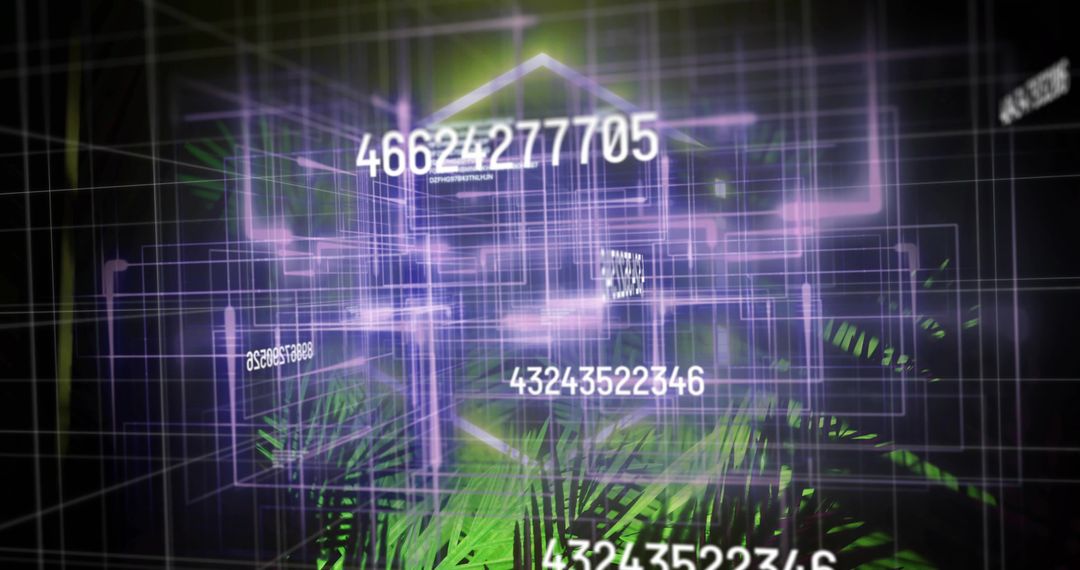 Glowing purple 3D wireframe cubes with floating numeric overlays and neon palm blur