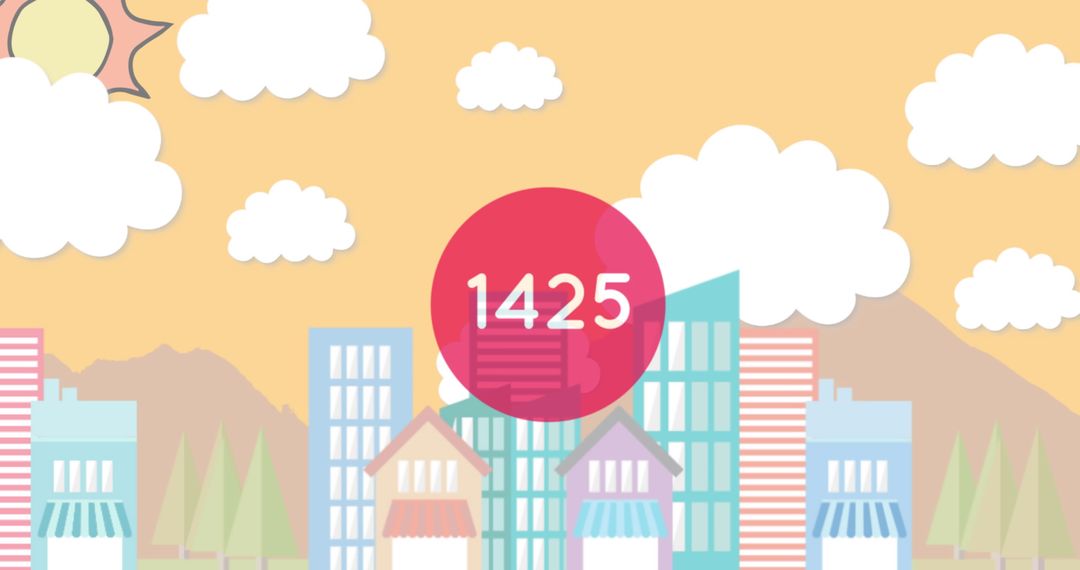 Colorful Urban Skyline with Number Centered Against Cloudy Sky