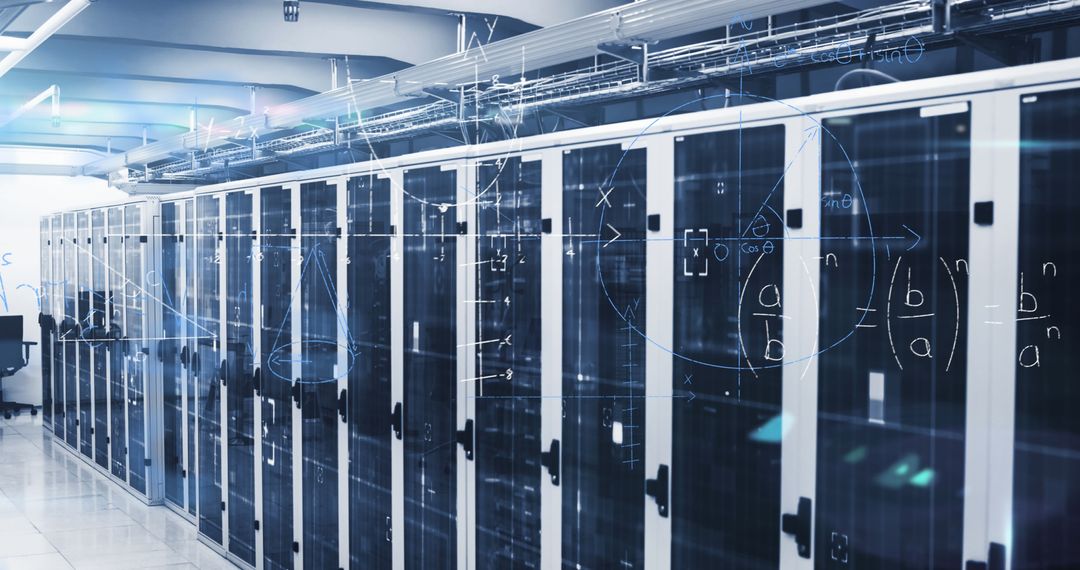 Technological Advancement Concept in Server Room with Digital Overlay