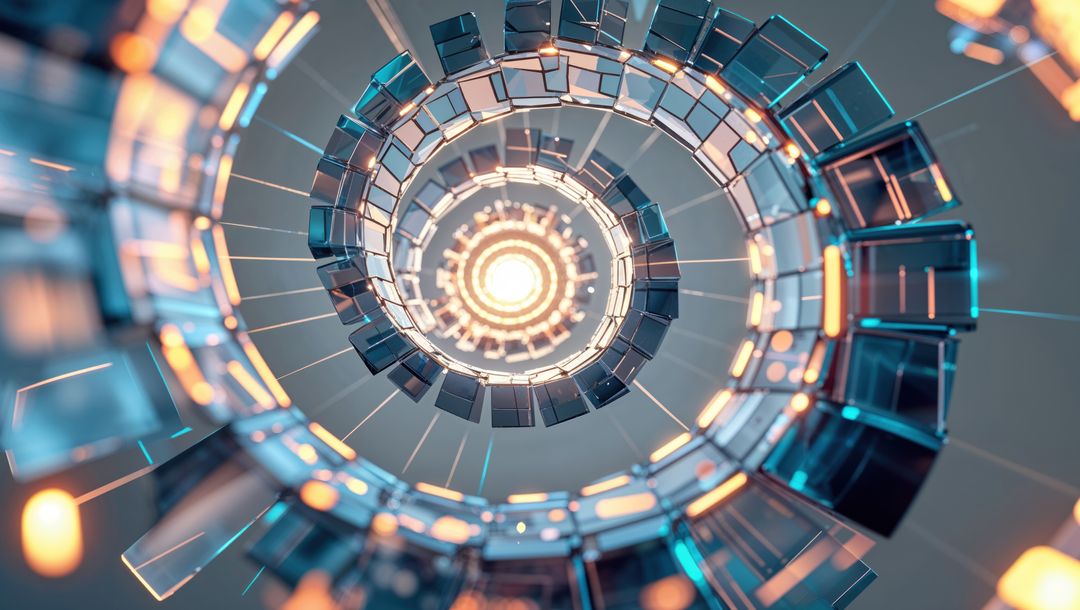 Futuristic Spiral Tunnel with Metallic Panels and Neon Light