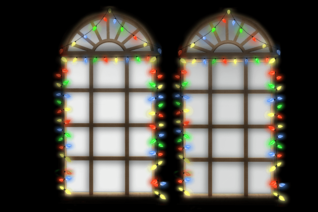 Holiday Windows with Festival Christmas Lights on Transparent Background