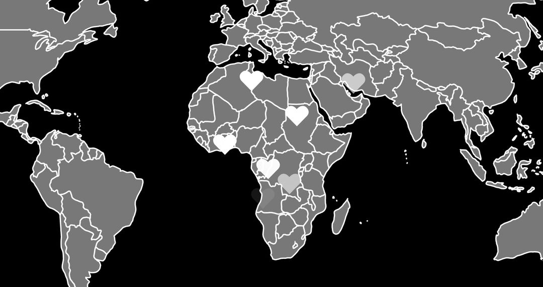 World Map with Hearts Highlighting Specific Countries
