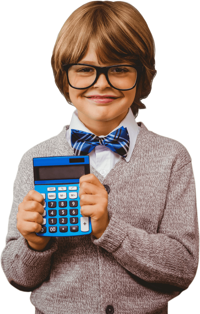 Happy Boy in Glasses Holding Calculator on Transparent Background