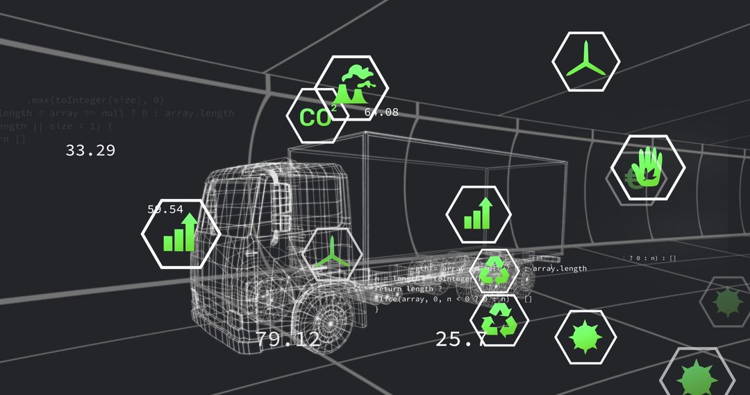 Digital Lorry with Eco Icons Representing Environmental Technology