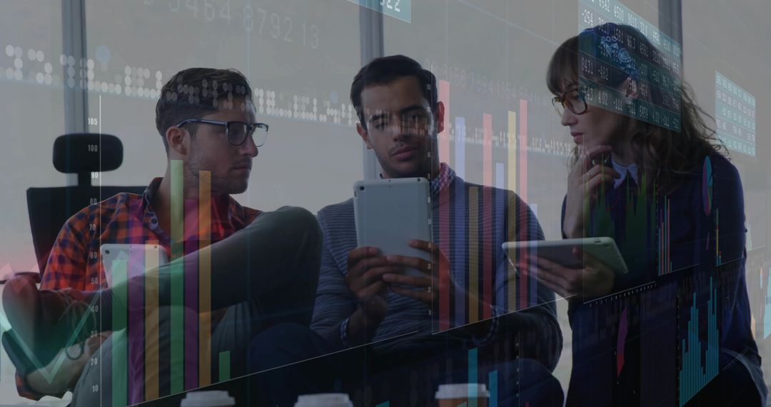 Collaborating team analyzing financial charts on tablets and phone with candlestick graphs