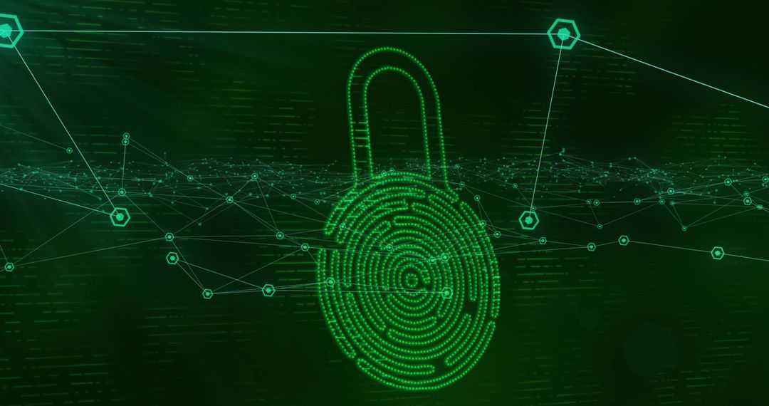 Digital Padlock with Connected Lines on Green Network Background