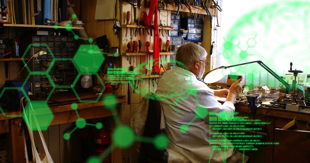 Senior Craftsman in Workshop Amidst Digital Interface Graphics