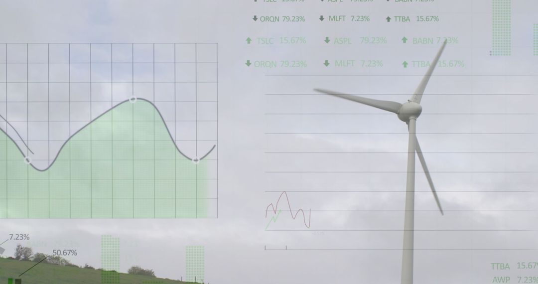 Wind Turbine with Financial Data Overlay in Scenic Countryside