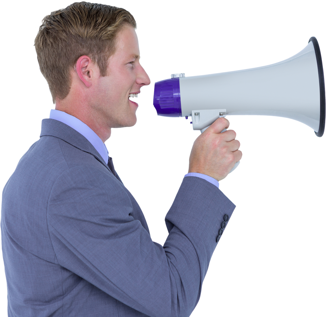 Happy Businessman Speaking Through Transparent Megaphone Motivating Employees - Download Free Stock Images Pikwizard.com