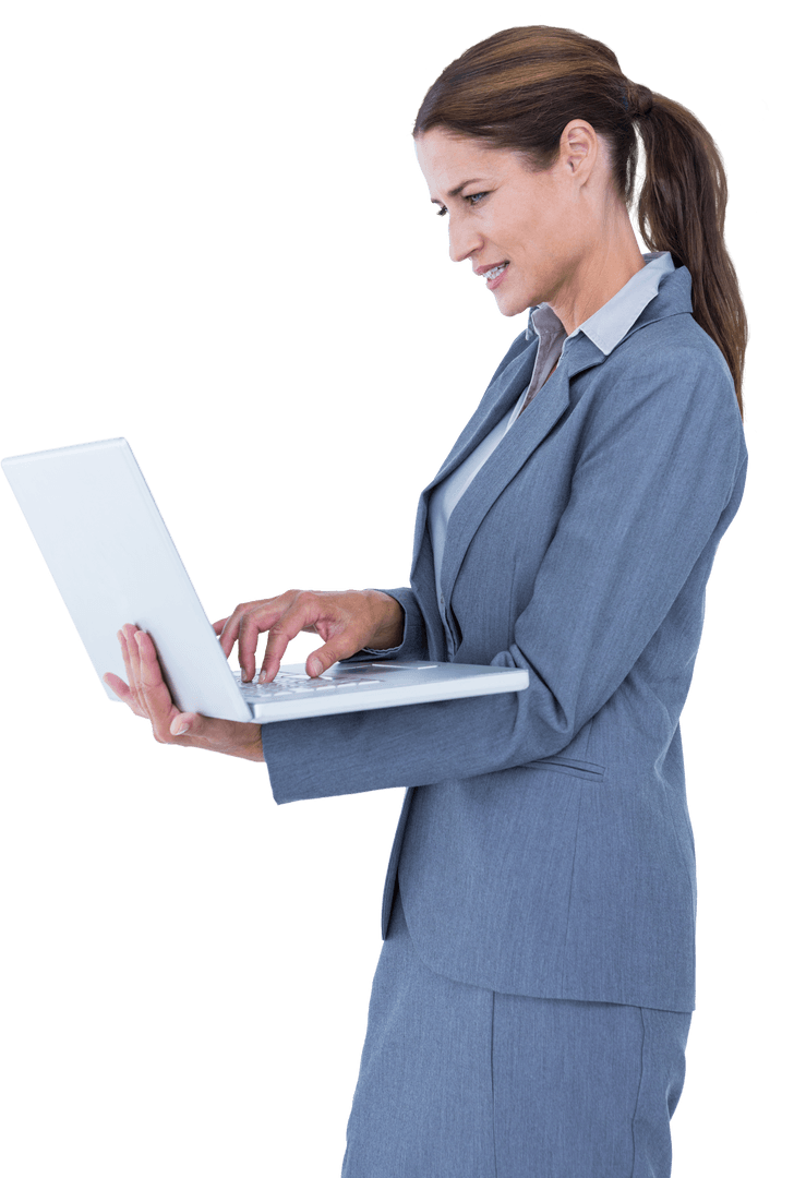 Businesswoman in Suit Using Laptop on Transparent Background