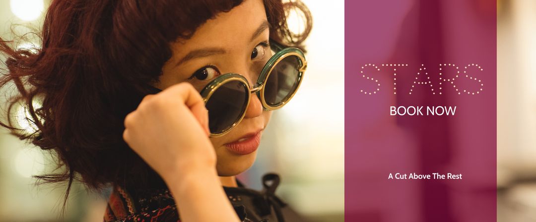 Stylish woman adjusting sunglasses for fashion branding