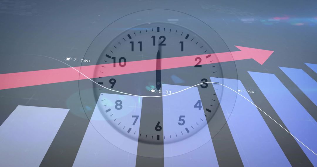 Translucent Clock Over Financial Bar and Line Graph Showing Growth Trend and Analytics