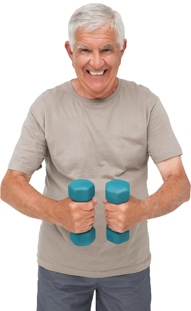 Smiling Senior Man Lifting Dumbbells on Transparent Background