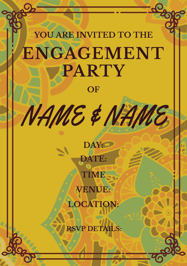 Engagement Invitation Card with Indian Patterns on Yellow Background - Download Free Stock Templates Pikwizard.com