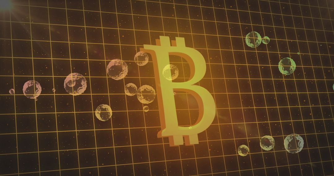 Floating Bitcoin Symbol with Futuristic Digital Bubbles