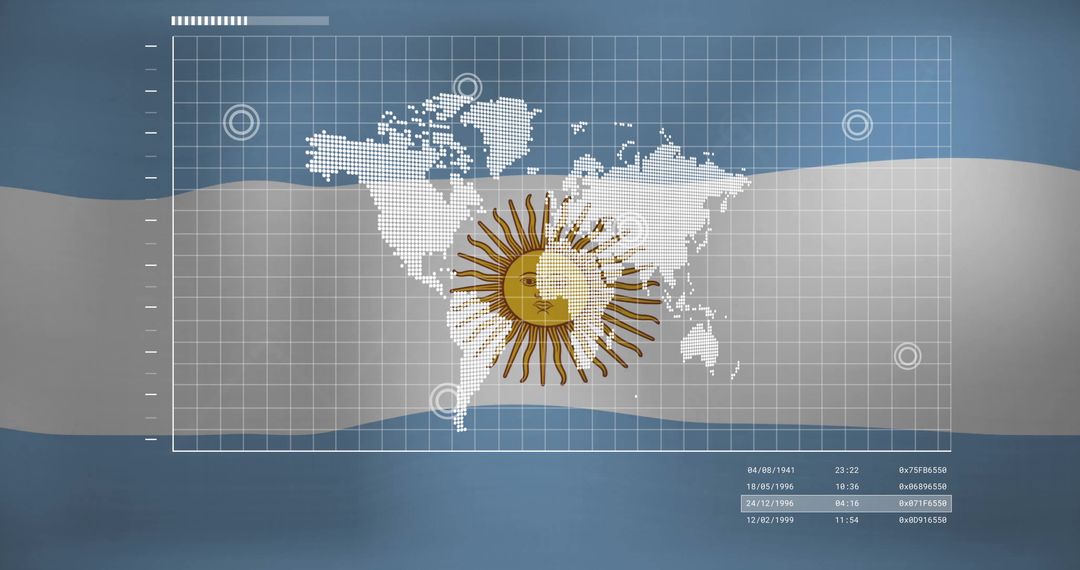 Futuristic Digital World Map with Sun Emblem and Data Visualizations