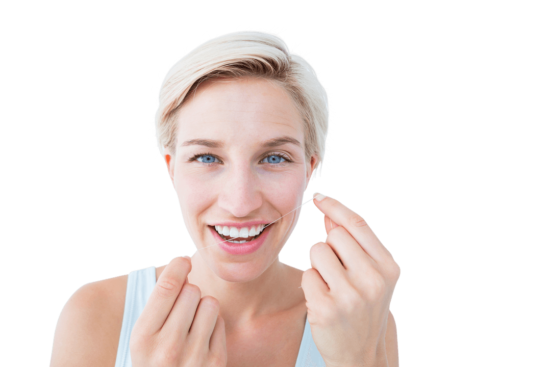 Transparent Image of Woman Smiling While Using Dental Floss